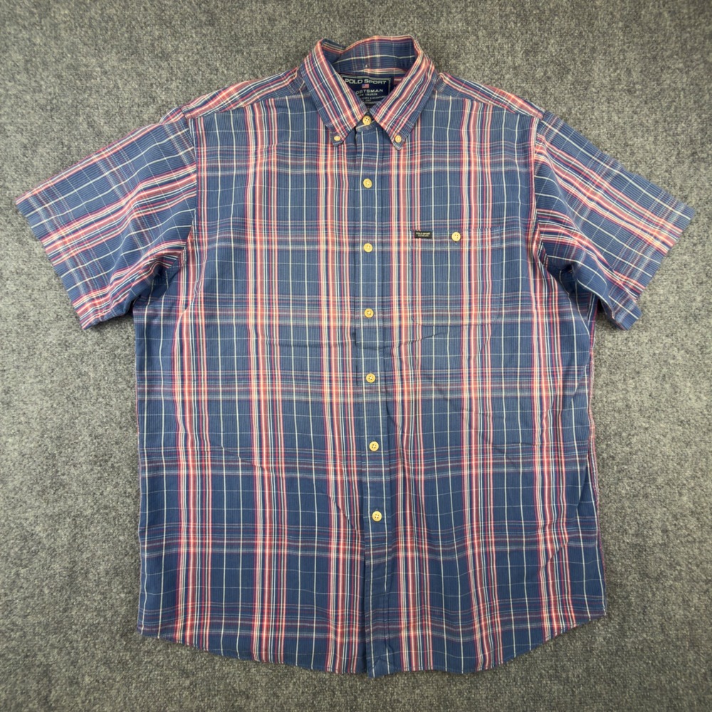 Polo Sport Ralph Lauren Sportsman Mens Large Blue Red Plaid Short Sleeve Shirt